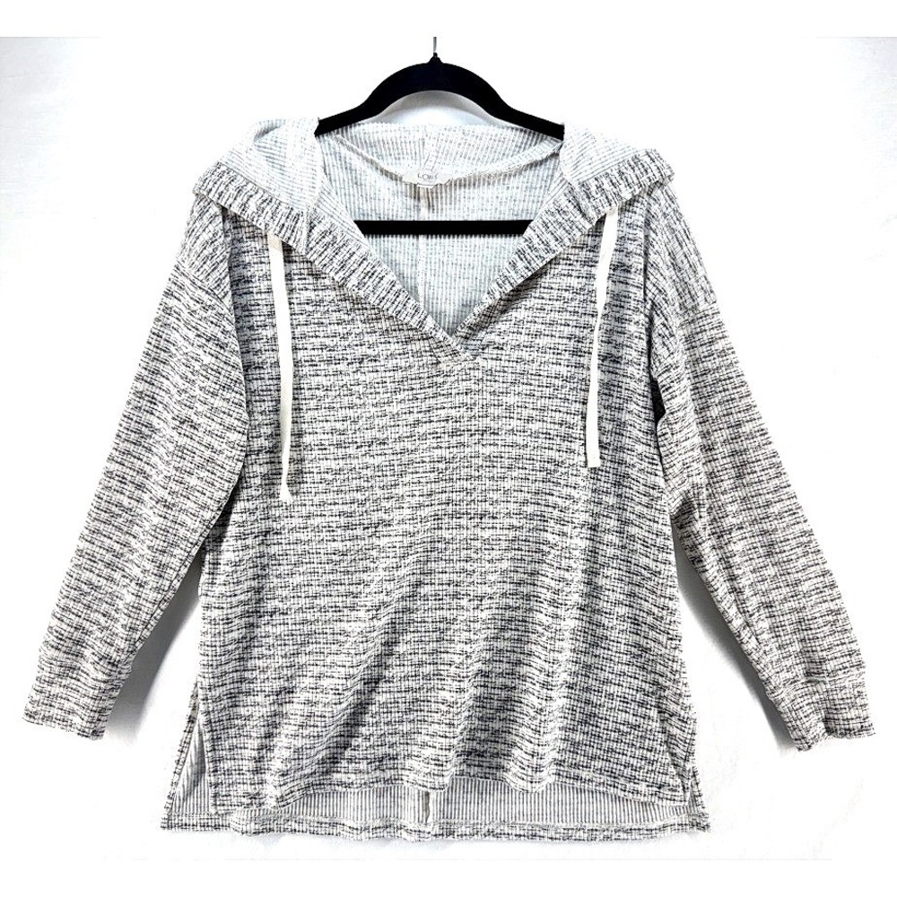LOFT Lightweight Hoodie Soft Everyday Gray Black Textured Sz M Lounge Crosshitch